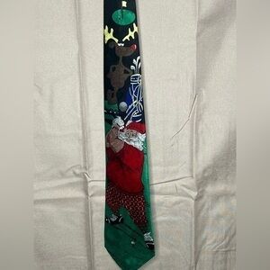 Handmade Dino Romaro Christmas tie featuring Santa golfing reindeer holiday